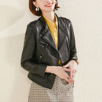 Women's Lapel Collar Vegan Biker Jacket