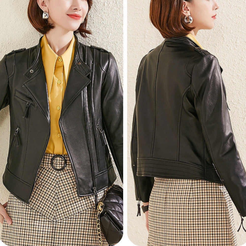 Women's Lapel Collar Vegan Biker Jacket
