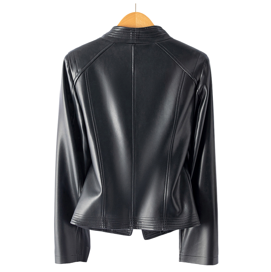 Women's Lapel Collar Vegan Leather Jacket