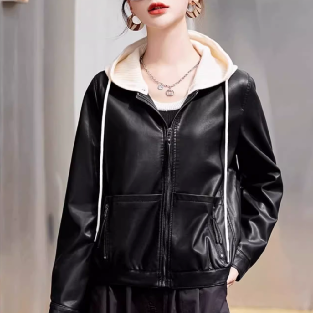 Women Vegan Leather Jacket with Removable Knit Hood