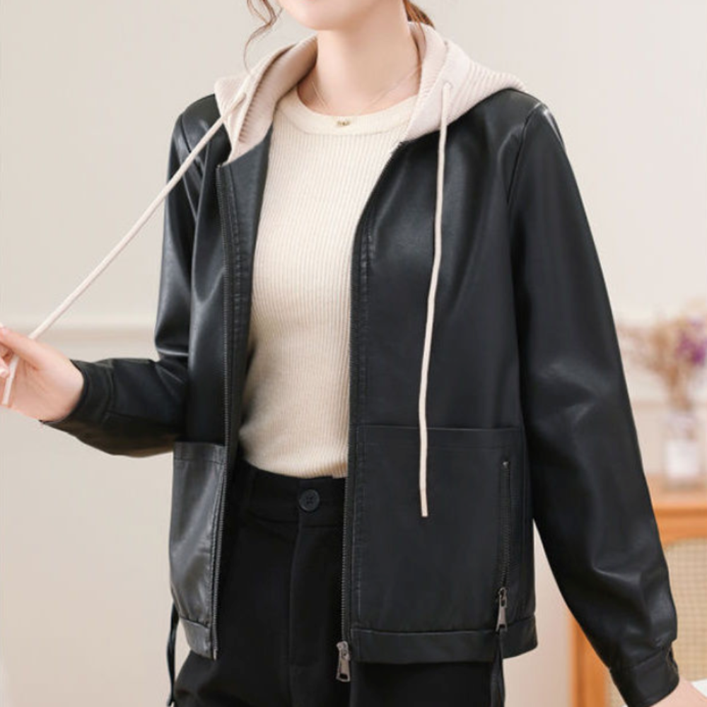 Women Vegan Leather Jacket with Removable Knit Hood