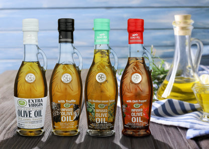 KORVEL Greek Olive Oil Set, 4 x 8.45 fl oz – Herbs, Chili, Truffle, Classic EVOO