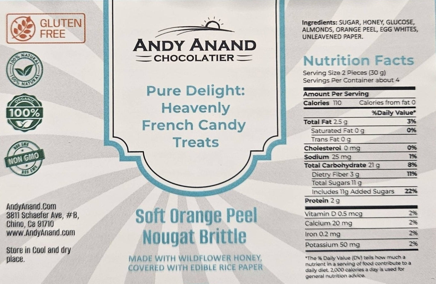 Andy Anand Chocolatier Orange Peel Nougat – Soft Nougat Brittle with Roasted Almonds & Wildflower Honey from Spain – Gluten-Free, Vegan, Dairy & Soy-Free Gourmet Snack, 7 oz Box