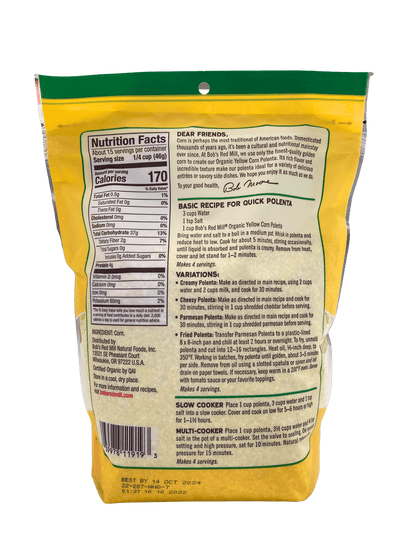 Corn Grits, Yellow, Organic, Polenta, Bob's Red Mill