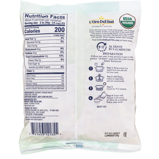 L'Oro Del Sud, Organic Ditalini Pasta, 20 Pack x 1 lb