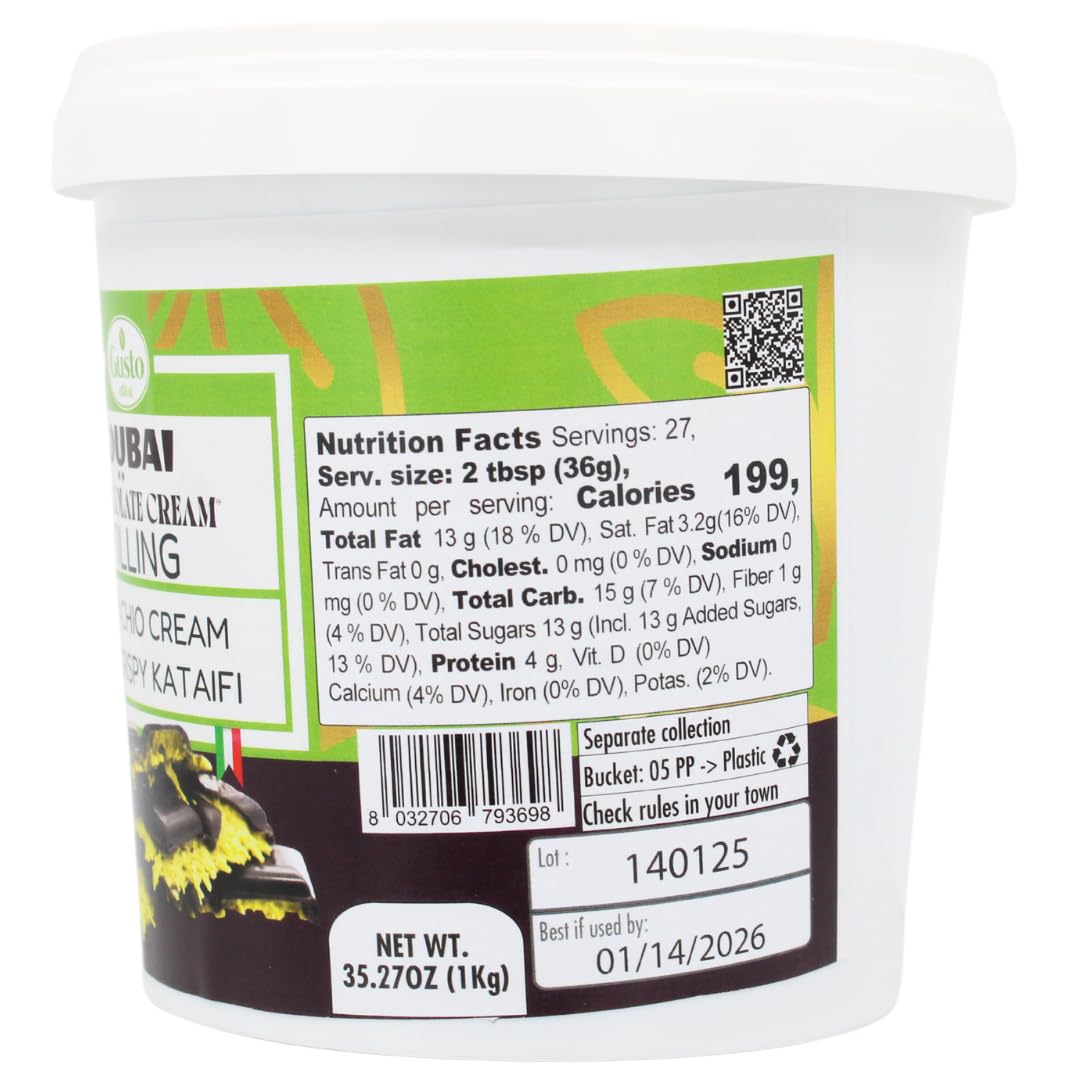 Gusto Etna, Pistachio Chocolate Bar Filling, 30% Pistachio, Pistachio Cream with Crispy Kataifi 2.2 lb (1kg)