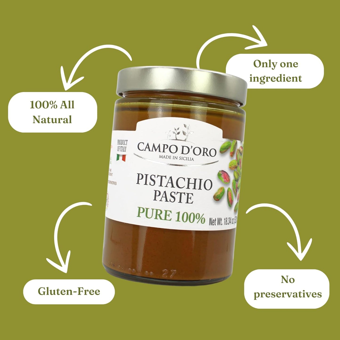 Campo D'Oro, Pure Pistachio Paste, 100% Pistachio, 18.34 oz