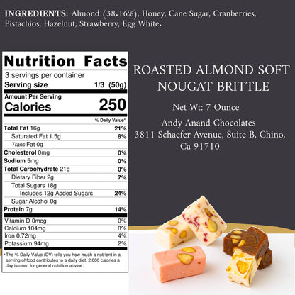 Andy Anand 28 bite-sized Roasted Almond Nougat Soft Nougat Brittle, Traditional European Turron Recipe Style, Nougat with Almonds - 7 Oz