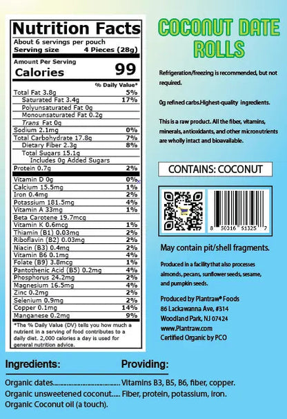 Coconut-Date Rolls - Original (7oz) - 0g refined carbs. Gluten free, Raw, vegan, organic, paleo friendly.
