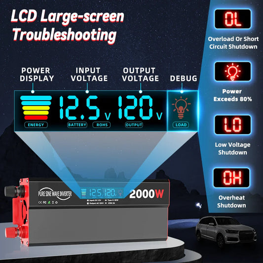 2000W Pure Sine Wave Power Inverter Transformers DC 12V To AC 120V with USB Type-C LCD Display For Vehicles,RV,Solar Panel,Camp