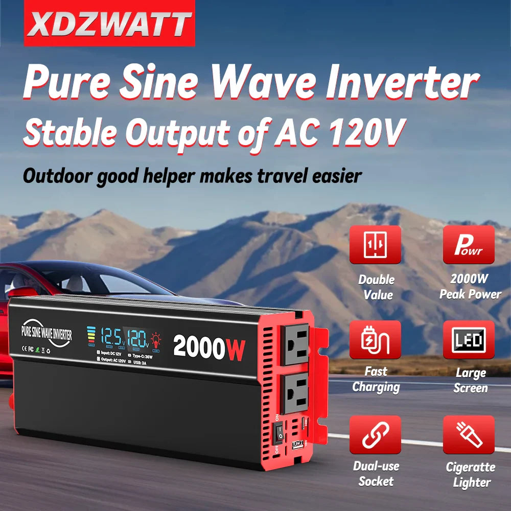 2000W Pure Sine Wave Power Inverter Transformers DC 12V To AC 120V with USB Type-C LCD Display For Vehicles,RV,Solar Panel,Camp