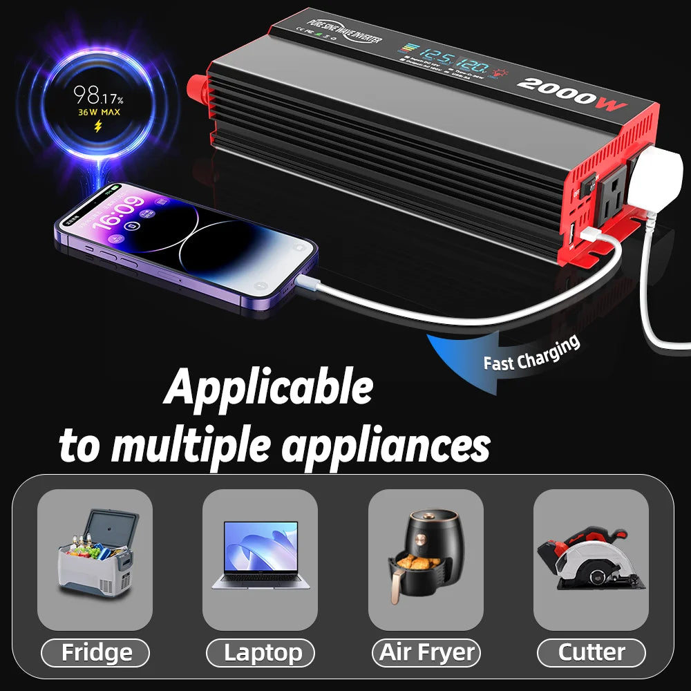 2000W Pure Sine Wave Power Inverter Transformers DC 12V To AC 120V with USB Type-C LCD Display For Vehicles,RV,Solar Panel,Camp