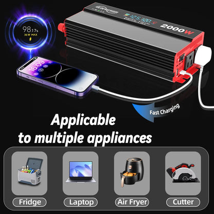 2000W Pure Sine Wave Power Inverter Transformers DC 12V To AC 120V with USB Type-C LCD Display For Vehicles,RV,Solar Panel,Camp