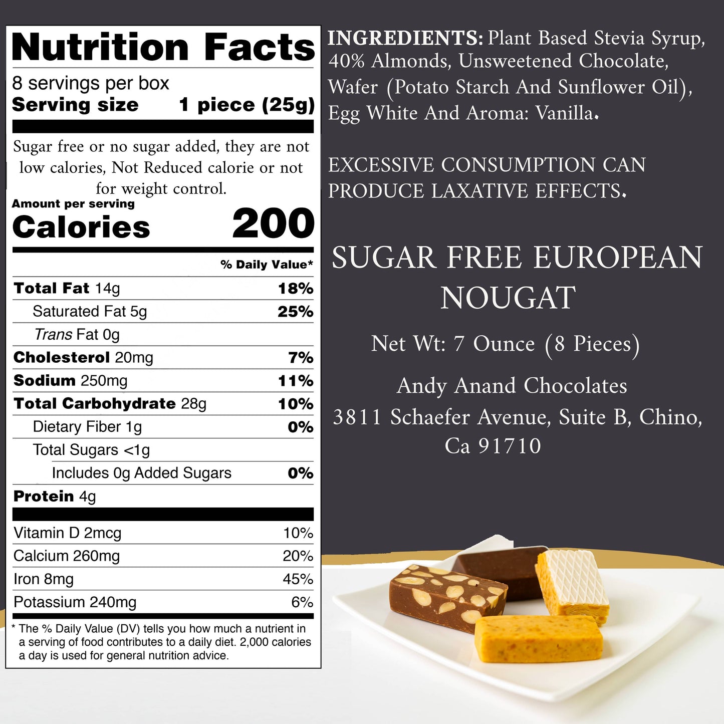 Andy Anand Sugar Free Nougat Assortment, Gluten Free - 4 Delicious Flavors of Soft Almond European Nougat with a Creamy Feel | Gluten Free, Creamy Texture - Gourmet Treat Made in Europe (8 Pcs 7 Oz)