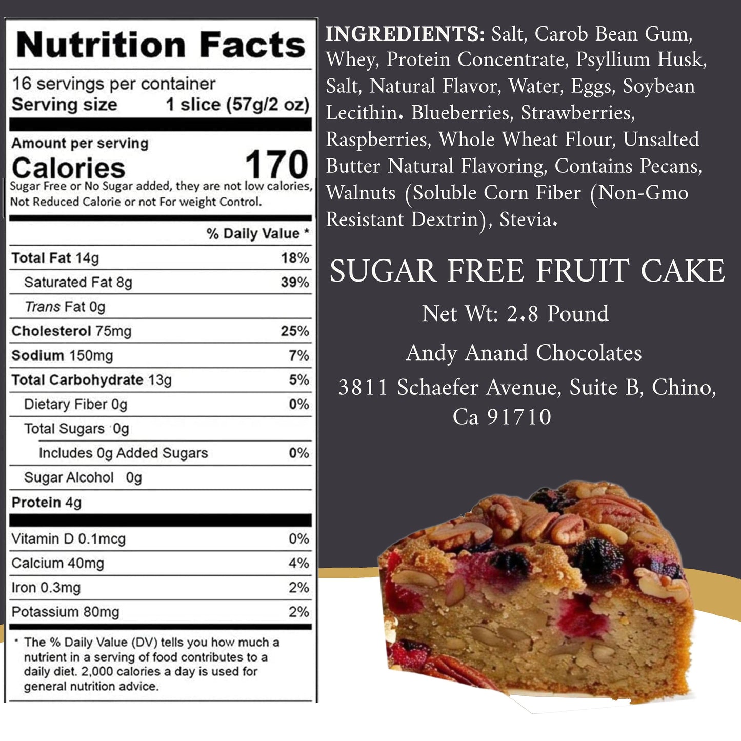 Andy Anand Sugar Free Fruit Cake Amazing-Decadent Hand Made (2.8 Lbs)