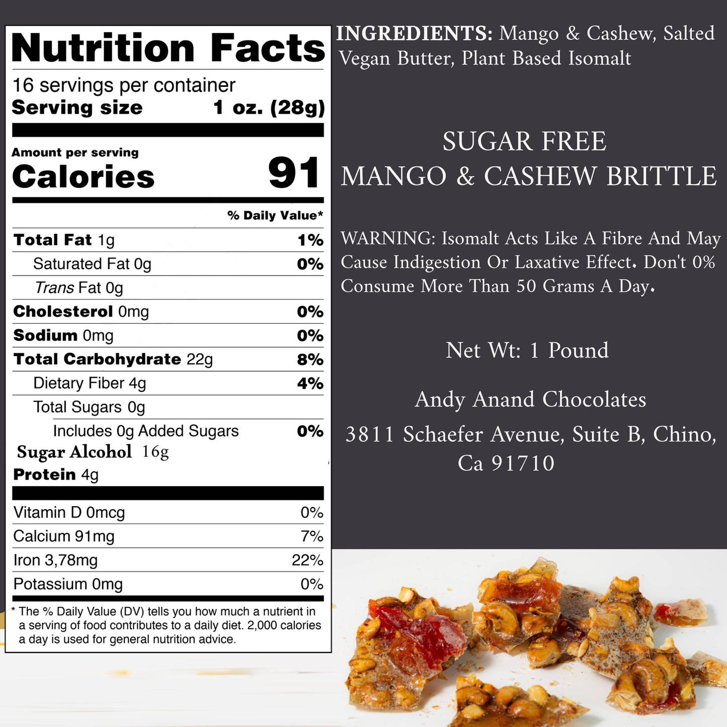 Andy Anand's Sugar Free Mango & Cashew Brittle - Croccante, Imported from Italy, a Crunchy Delight that Melts in Your Mouth! 1 lbs