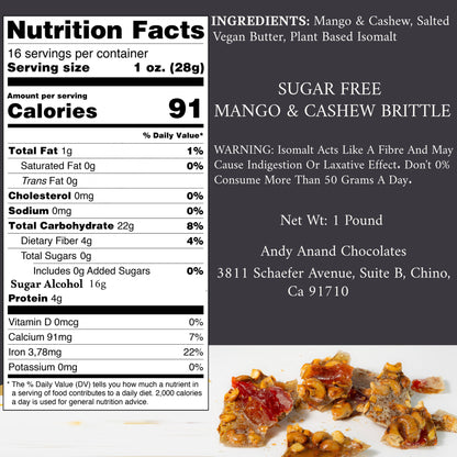 Andy Anand's Sugar Free Mango & Cashew Brittle - Croccante, Imported from Italy, a Crunchy Delight that Melts in Your Mouth! 1 lbs