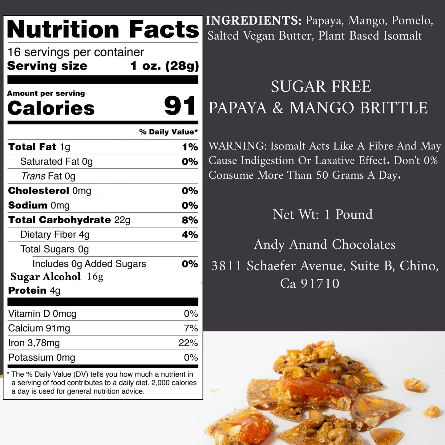 Andy Anand's Sugar Free Fruit Brittle with Exotic fruits Papaya, Mango, Pomelo - Croccante, Imported from Italy, a Crunchy Delight that Melts in Your Mouth! 1 lbs