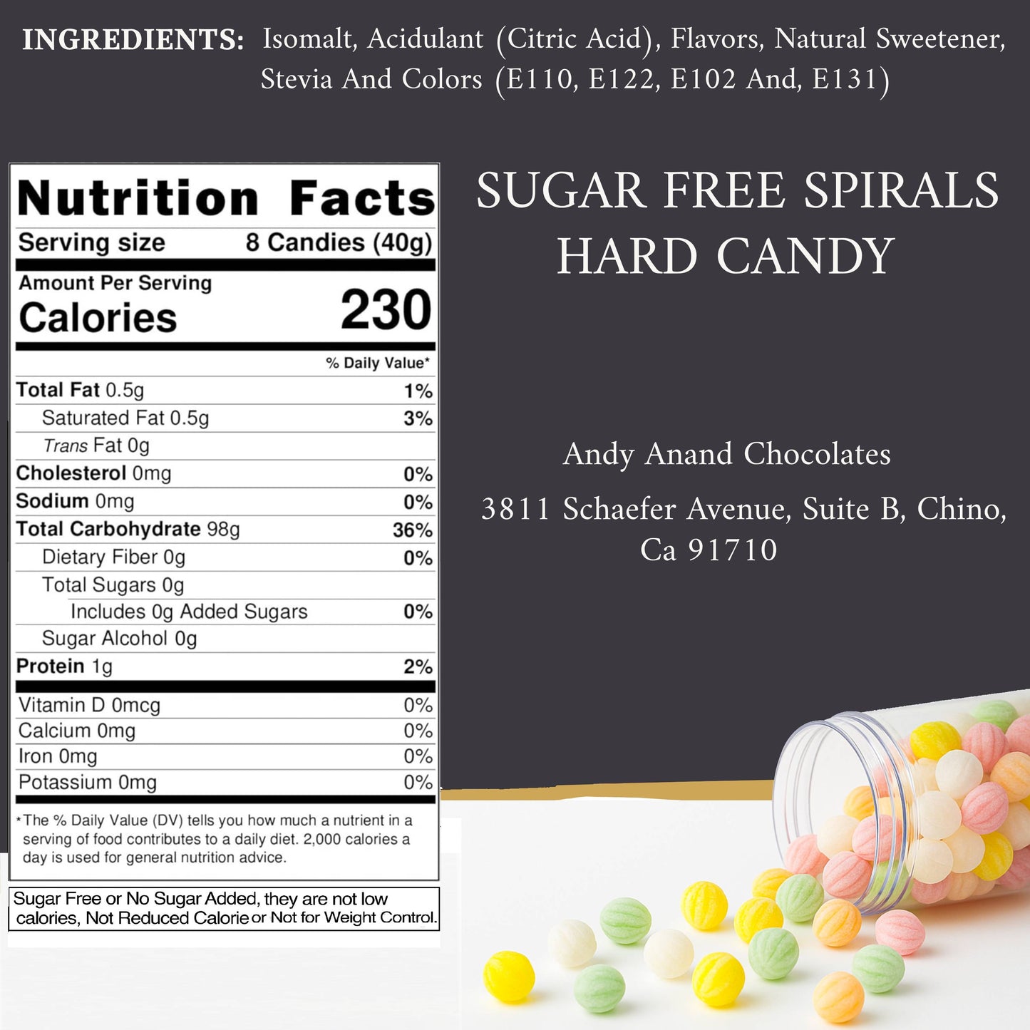 Andy Anand 220 Pc Sugar Free Spiral Candy - Hard Candy Spirals, Sweetened With Stevia. The Assortment Contains Five Flavors, Made in Spain, Stevia Candy - A Delicious and Healthy Treat 7 Oz