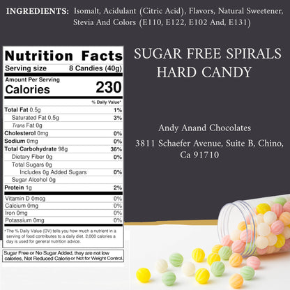 Andy Anand 220 Pc Sugar Free Spiral Candy - Hard Candy Spirals, Sweetened With Stevia. The Assortment Contains Five Flavors, Made in Spain, Stevia Candy - A Delicious and Healthy Treat 7 Oz