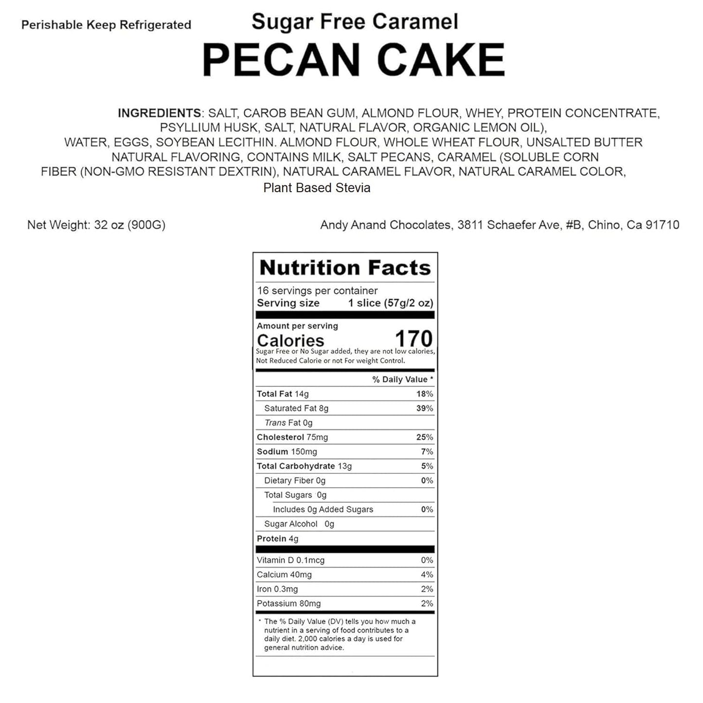 Andy Anand Deliciously Indulgent Sugar Free Pecan Cake 9" - Freshly Baked Cakes For Sale - Savor Rich Cake Treat (2 lbs)