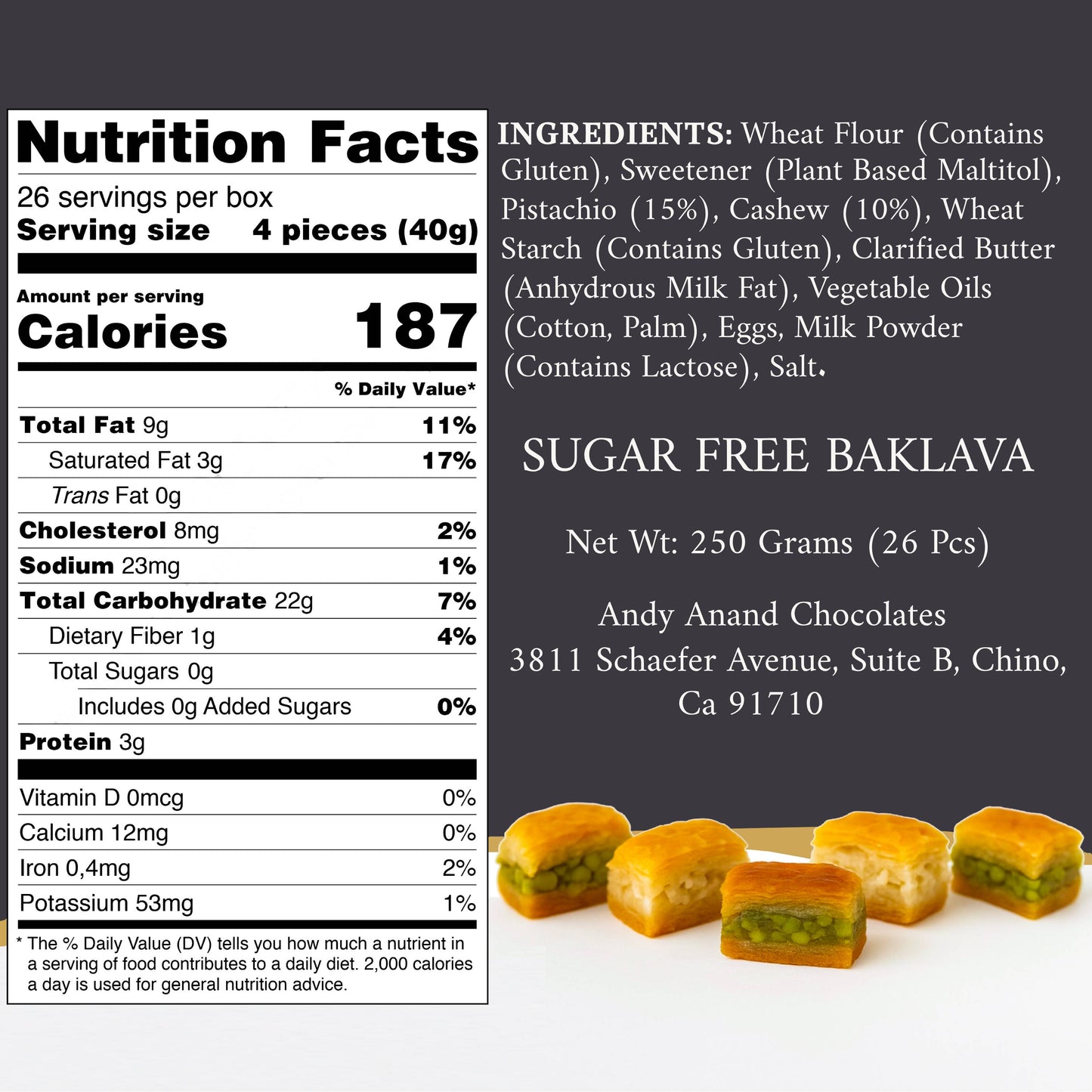 Andy Anand Sugar-Free Turkish Baklava, 26 pc, 8.8 oz – Pistachio, Walnut & Hazelnut, Flaky Phyllo, Diabetic-Friendly Birthday Gift Box