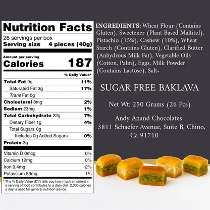 Andy Anand Chocolatier Sugar Free Baklava - Turkish Baklava Pastry With Nuts, Delicious Edible Gift Box with Pistachio, Walnut & Hazelnut, Gourmet Assorted Flavor Snack Box (26 Pcs, 8.8 Oz)