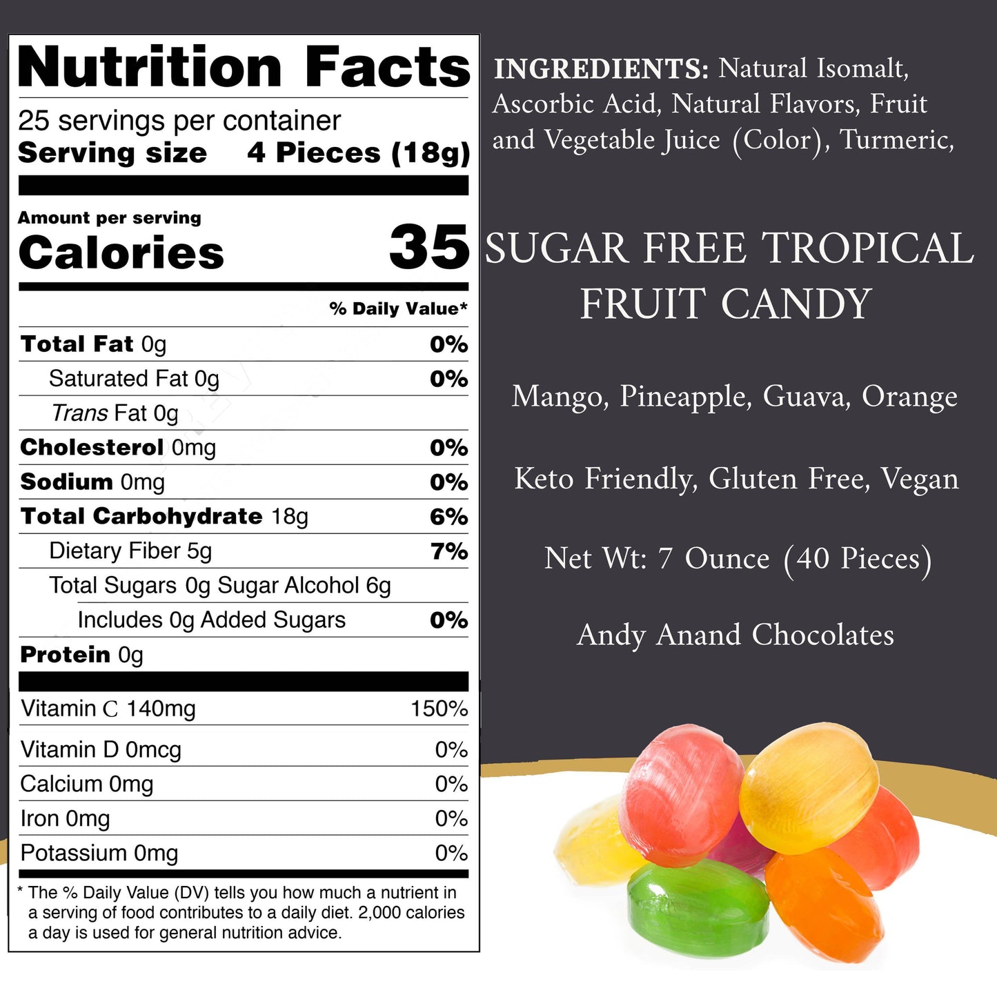 Andy Anand Sugar Free Candy, Tropical Fruit Flavors, Vit C, Healthy, Zero Sugar, Low Calorie, Keto Friendly, Gluten Free, 40 Count (7 Oz)