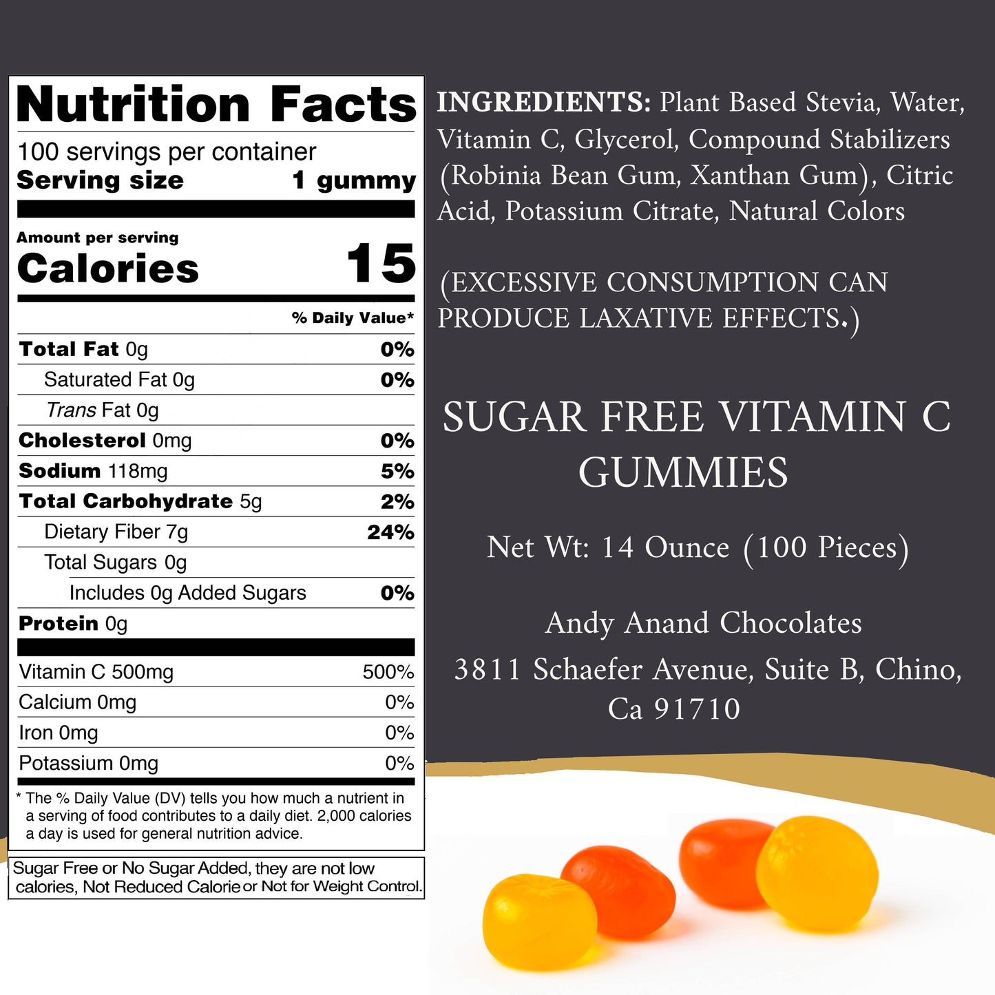 Andy Anand Sugar Free Vitamin C Gummies 500mg per Serving, Immune & Antioxidant Support,100 Sugar Free Gummies, 100 Day Supply, Strawberry, Mango, Pineapple, Peach, individually wrapped (14 oz)