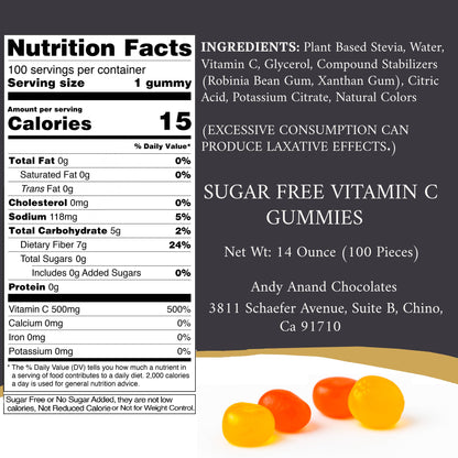 Andy Anand Sugar Free Vitamin C Gummies 500mg per Serving, Immune & Antioxidant Support,100 Sugar Free Gummies, 100 Day Supply, Strawberry, Mango, Pineapple, Peach, individually wrapped (14 oz)