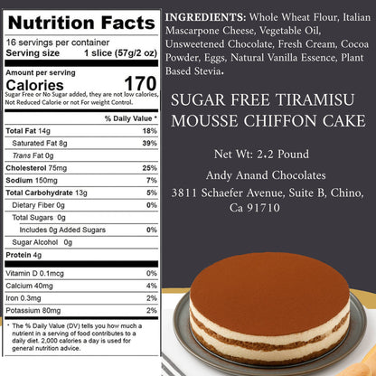 Andy Anand Sugar Free Tiramisu Mousse Cake Decadent Delight! Chiffon Velvety (2.2 lbs), Baked Fresh Daily, Fresh & Natural Ingredients, No Preservatives, Amazingly Delicious & Light!