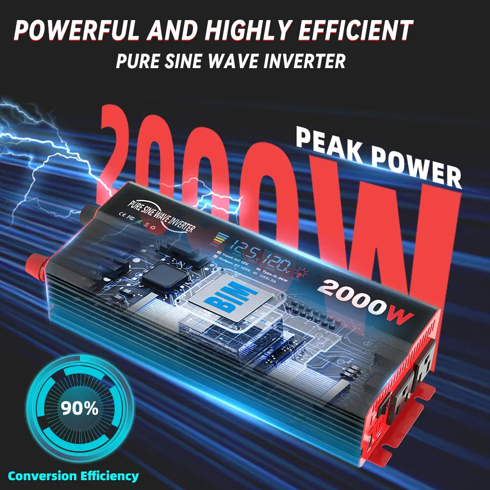 2000W Pure Sine Wave Power Inverter Transformers DC 12V To AC 120V with USB Type-C LCD Display For Vehicles,RV,Solar Panel,Camp