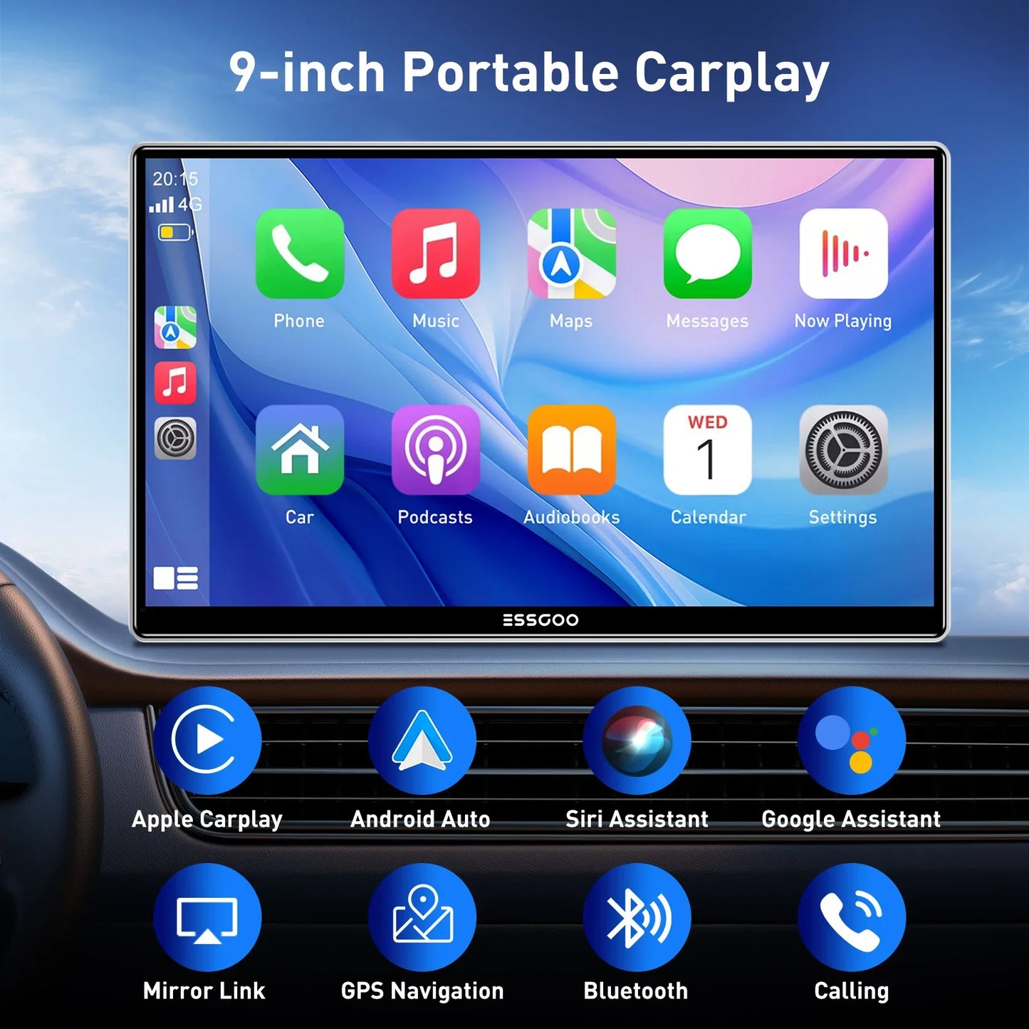 ESSGOO 9 Inch Touch Screen Portable Car Stereo Radio Wireless Apple Carplay Android Auto USB TF Bluetooth Mirror Link