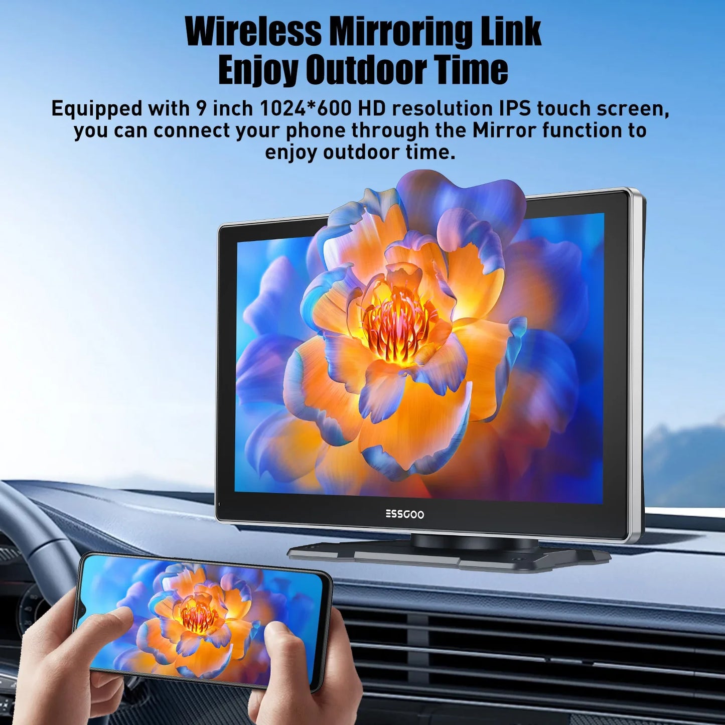 ESSGOO 9 Inch Touch Screen Portable Car Stereo Radio Wireless Apple Carplay Android Auto USB TF Bluetooth Mirror Link