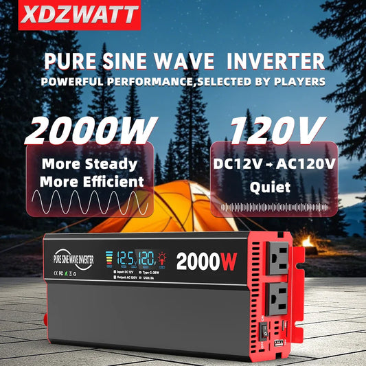 2000W Pure Sine Wave Power Inverter Transformers DC 12V To AC 120V with USB Type-C LCD Display For Vehicles,RV,Solar Panel,Camp