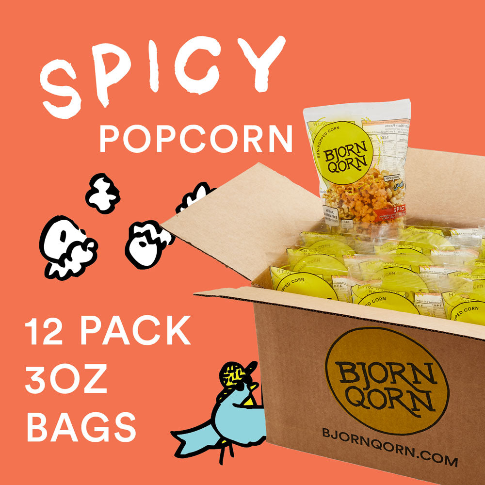 Bjorn Qorn Spicy Popcorn Bags - 12-Pack x 3oz Bags case