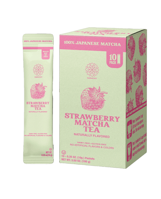 Harmony Matcha Strawberry – Premium Shade-Grown Japanese Matcha, Sweetened with Organic Sugar (10 Stick Packs)