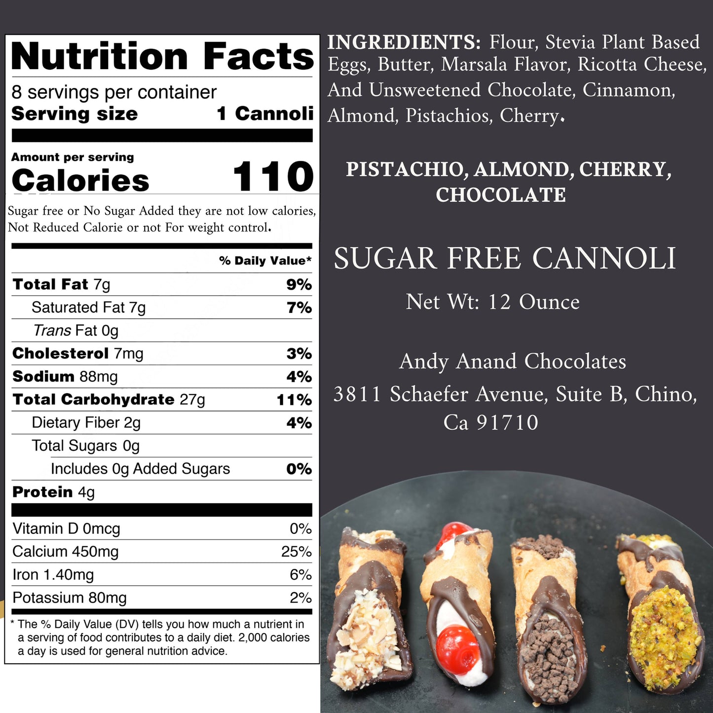 Andy Anand Sugar Free Cannoli Chocolate Sicilian Italian Dessert 8 Pcs