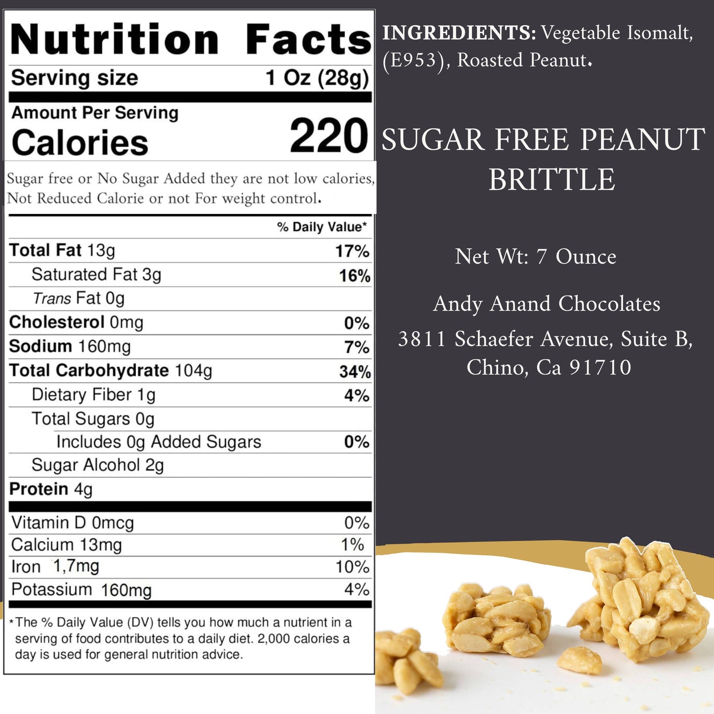 Andy Anand Sugar Free Peanut Brittle - 7 Oz Decadent Treats, The Best Healthy Sugar Free Peanut Brittle