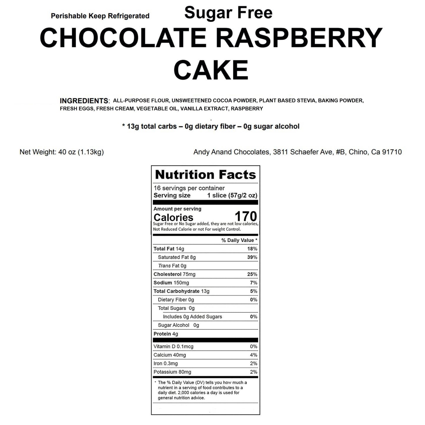 Andy Anand Sugar-Free Raspberry Chocolate Cake, 9-Inch, 2.8 lb – Real Chocolate Truffles, Monk Fruit Sweetened, Diabetic-Friendly Gift Box