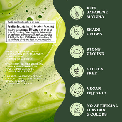 Matcha Combo Variety Pack – Lavender, Strawberry & Vanilla – Premium Shade-Grown Japanese Matcha, Sweetened with Organic Sugar, 30 Single Stick Packs