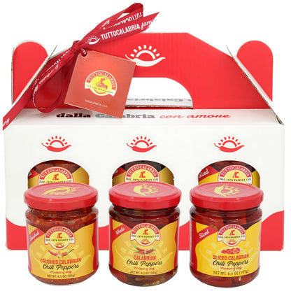 TuttoCalabria Calabrian Chili Pepper Gift Set – Hot Whole, Crushed and Sliced – 3 x 6.5 oz Jars