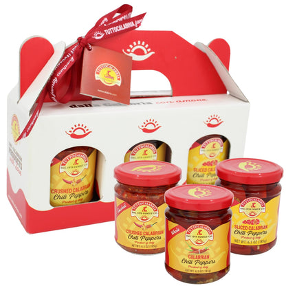 TuttoCalabria Calabrian Chili Pepper Gift Set – Hot Whole, Crushed and Sliced – 3 x 6.5 oz Jars