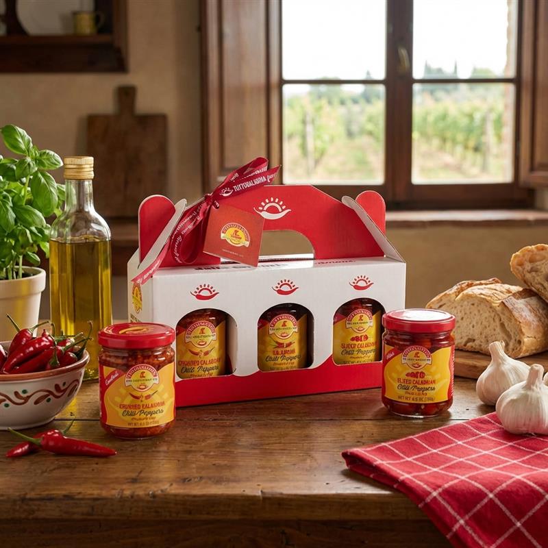 TuttoCalabria Calabrian Chili Pepper Gift Set – Hot Whole, Crushed and Sliced – 3 x 6.5 oz Jars