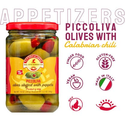 TuttoCalabria, PiccOliva Green Olives Stuffed with Whole Calabrian Chili Pepper, 10 oz (285 g)