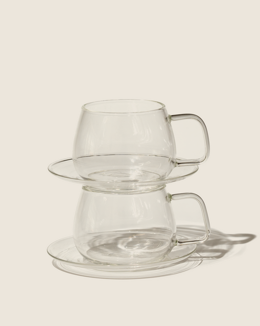 Glass cups & saucers (2)