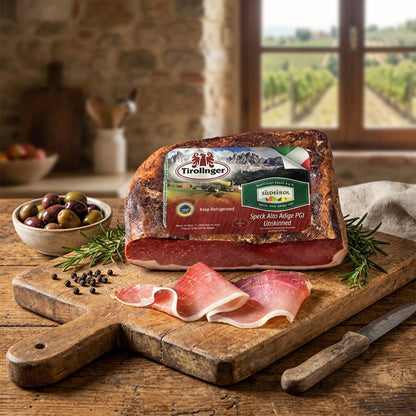Speck, 6 lbs +/- (4lbs - 6lbs/piece) ,Seasoned and Smoked Italian Ham, Cured in the European Alps Mountains, Alto Adige IGP, Boneless and Ready to Slice, Best sliced paper thin with slicer, (Not Prosciutto), Weight approx. 6 lbs, by Moser Tirolinger brand