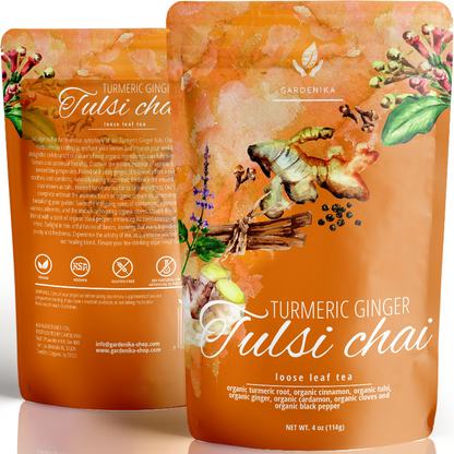 Turmeric Ginger Tulsi Chai Loose Tea, Ayurvedic Anti-Inflammatory Blend - Caffeine Free - 55+ Cups - USDA Organic & Kosher - 4 oz (113g)