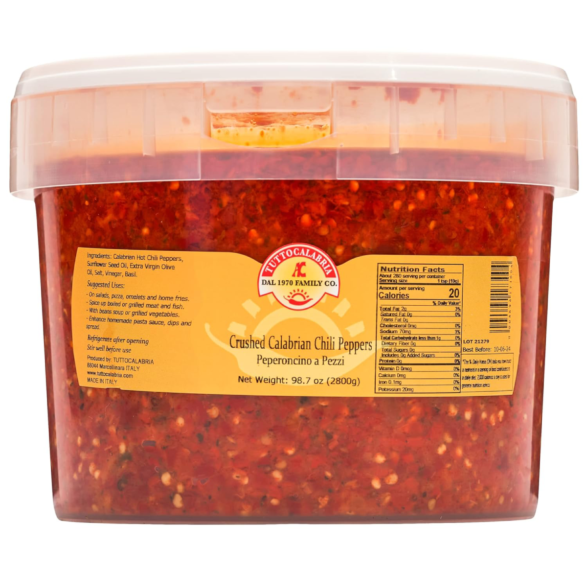 TuttoCalabria Crushed Calabrian Chili Peppers – 98.7 oz (2.8 kg) Tub