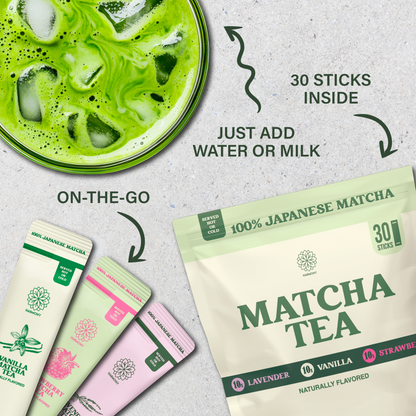 Matcha Combo Variety Pack – Lavender, Strawberry & Vanilla – Premium Shade-Grown Japanese Matcha, Sweetened with Organic Sugar, 30 Single Stick Packs